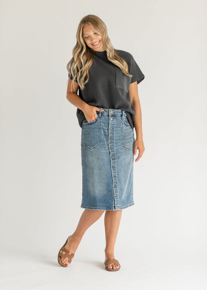 Rose Button Front Medium Wash Denim Midi Skirt FF Skirts