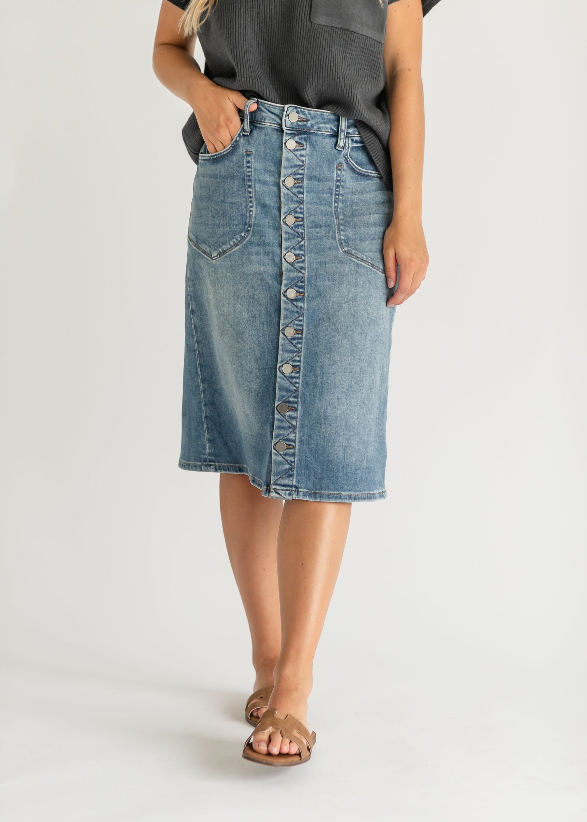 Rose Button Front Medium Wash Denim Midi Skirt FF Skirts