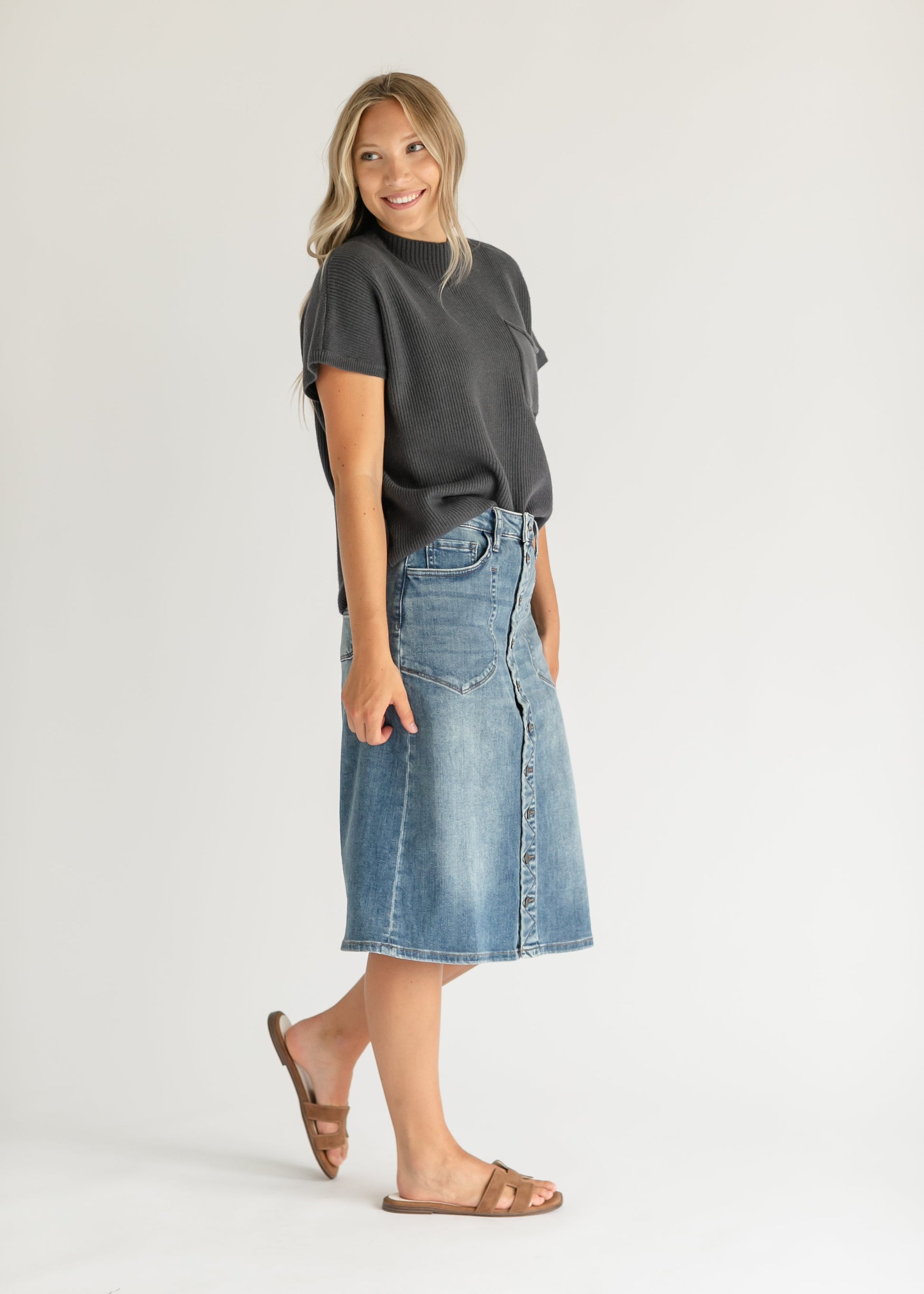 Rose Button Front Medium Wash Denim Midi Skirt FF Skirts