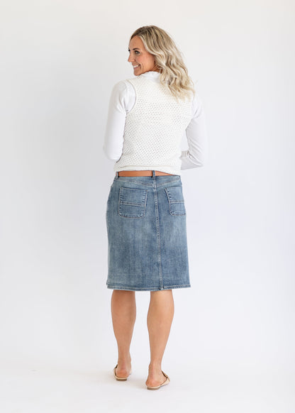 Rose Front Button Denim Midi Skirt FF Skirts