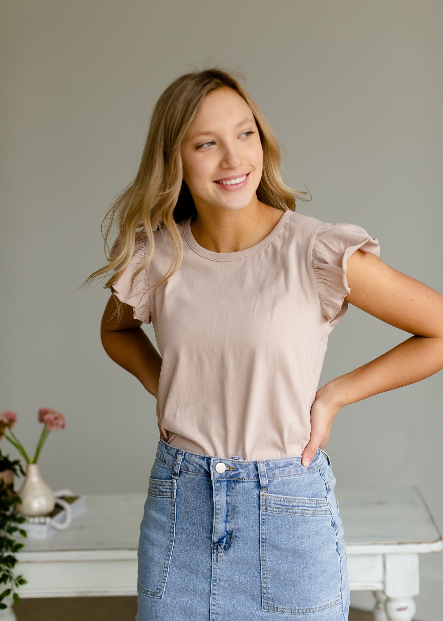 Rose Taupe Flutter Sleeve Top - FINAL SALE FF Tops