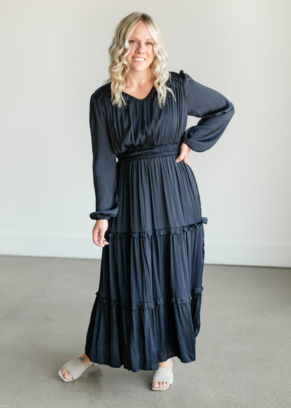 Ruffle Long Sleeve Satin Maxi Dress FF Dresses