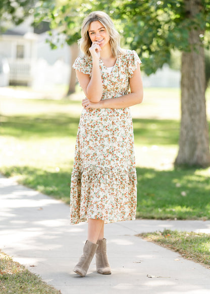 Ruffle Tiered Cream Floral Midi Dress FF Dresses