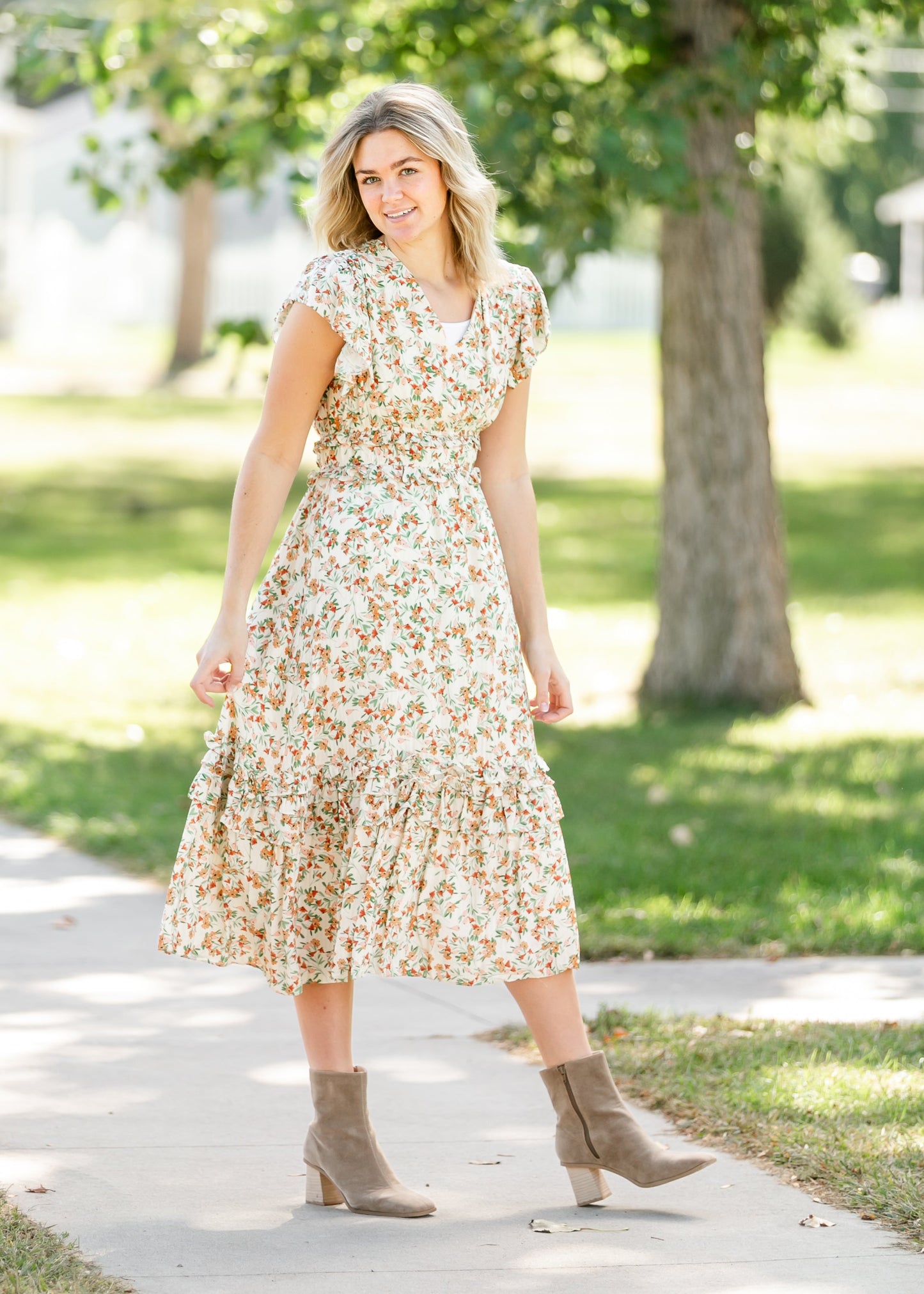 Ruffle Tiered Cream Floral Midi Dress FF Dresses