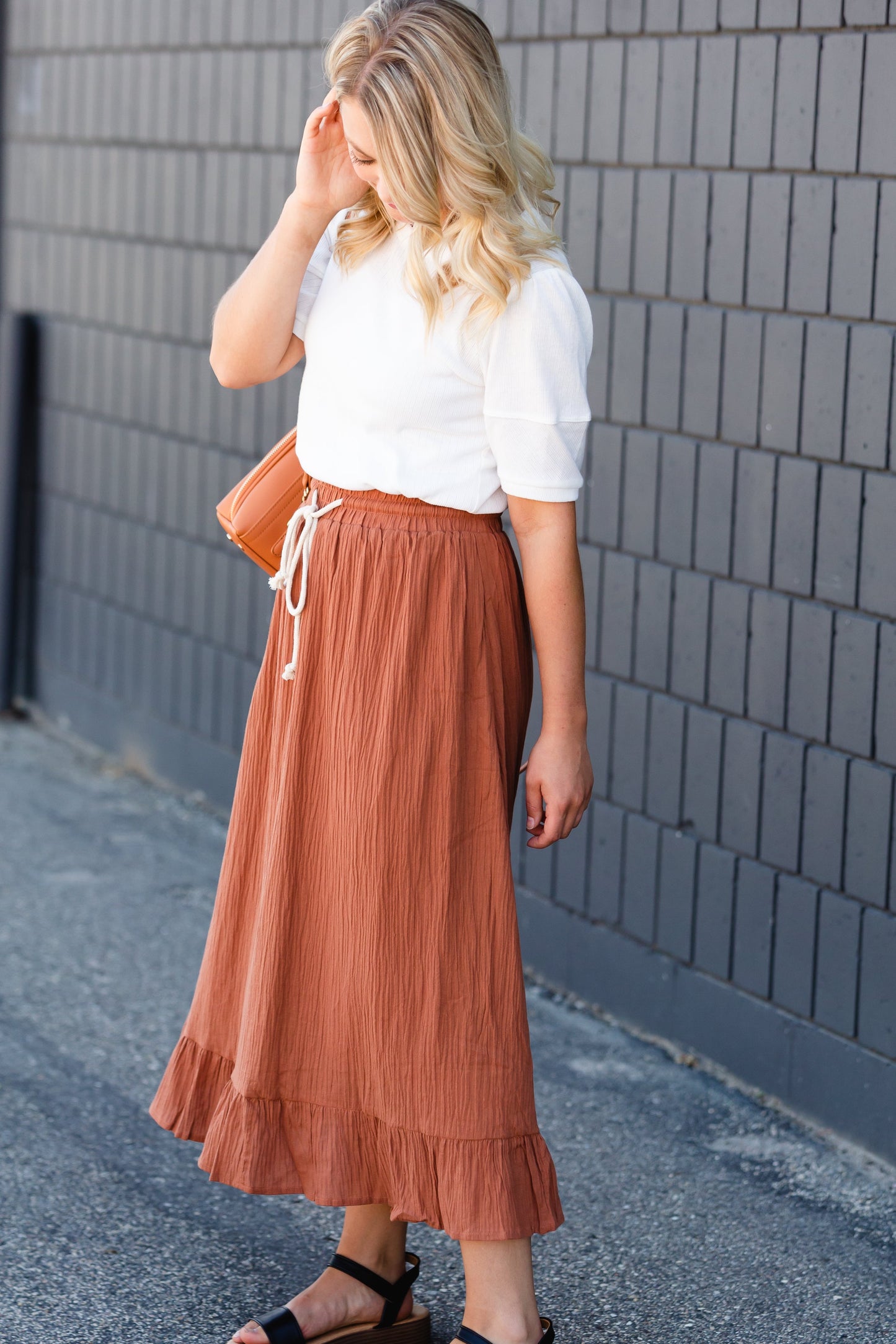 Rust Ruffle Hem Stretch Waist Midi Skirt Skirts