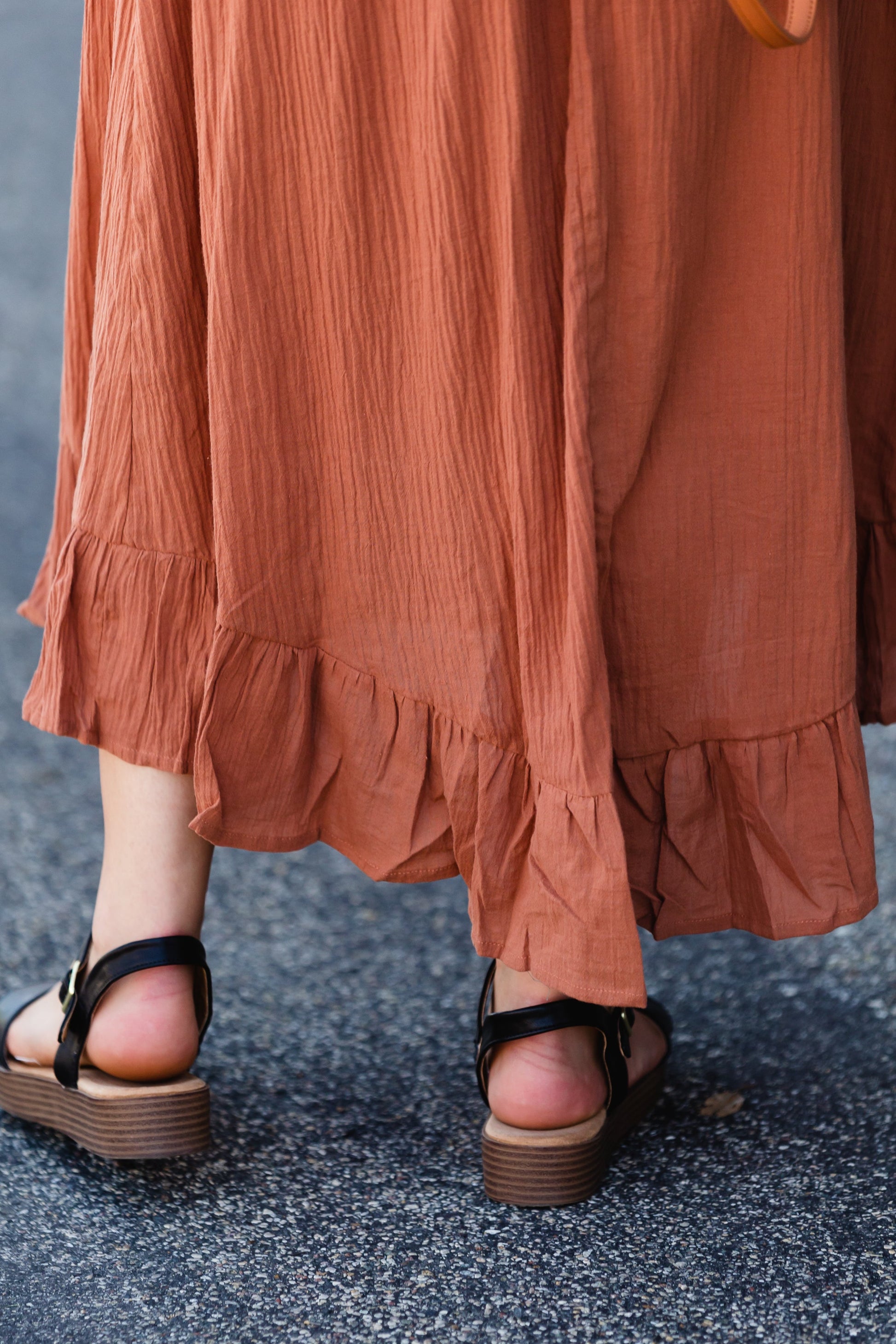 Rust Ruffle Hem Stretch Waist Midi Skirt Skirts