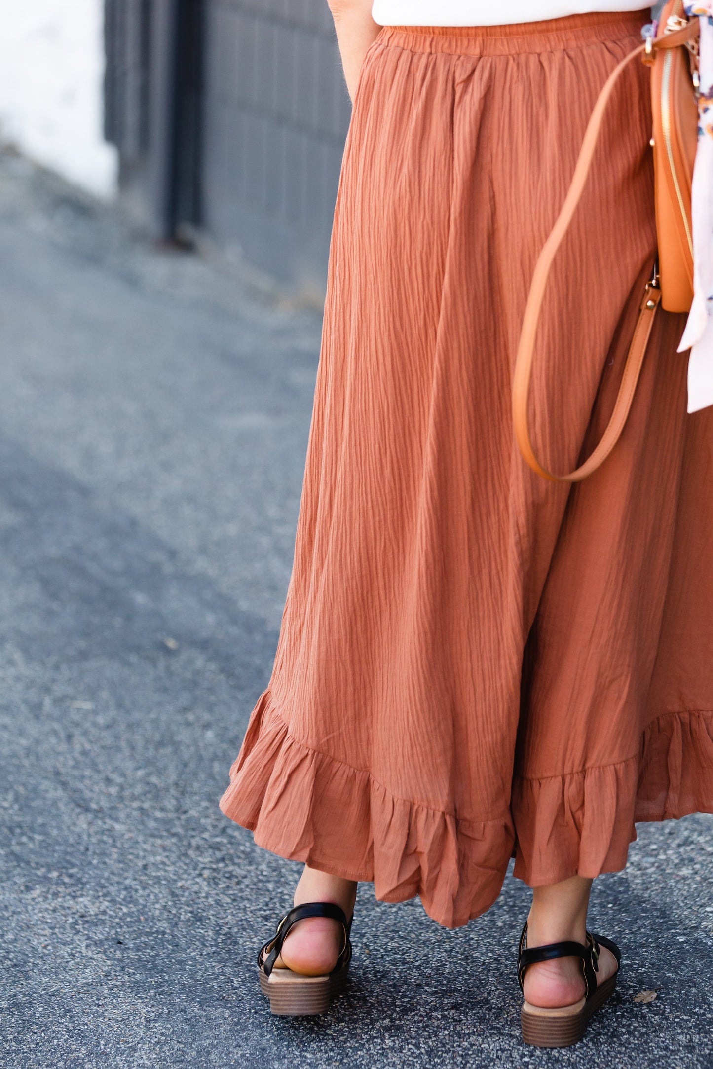 Rust Ruffle Hem Stretch Waist Midi Skirt Skirts