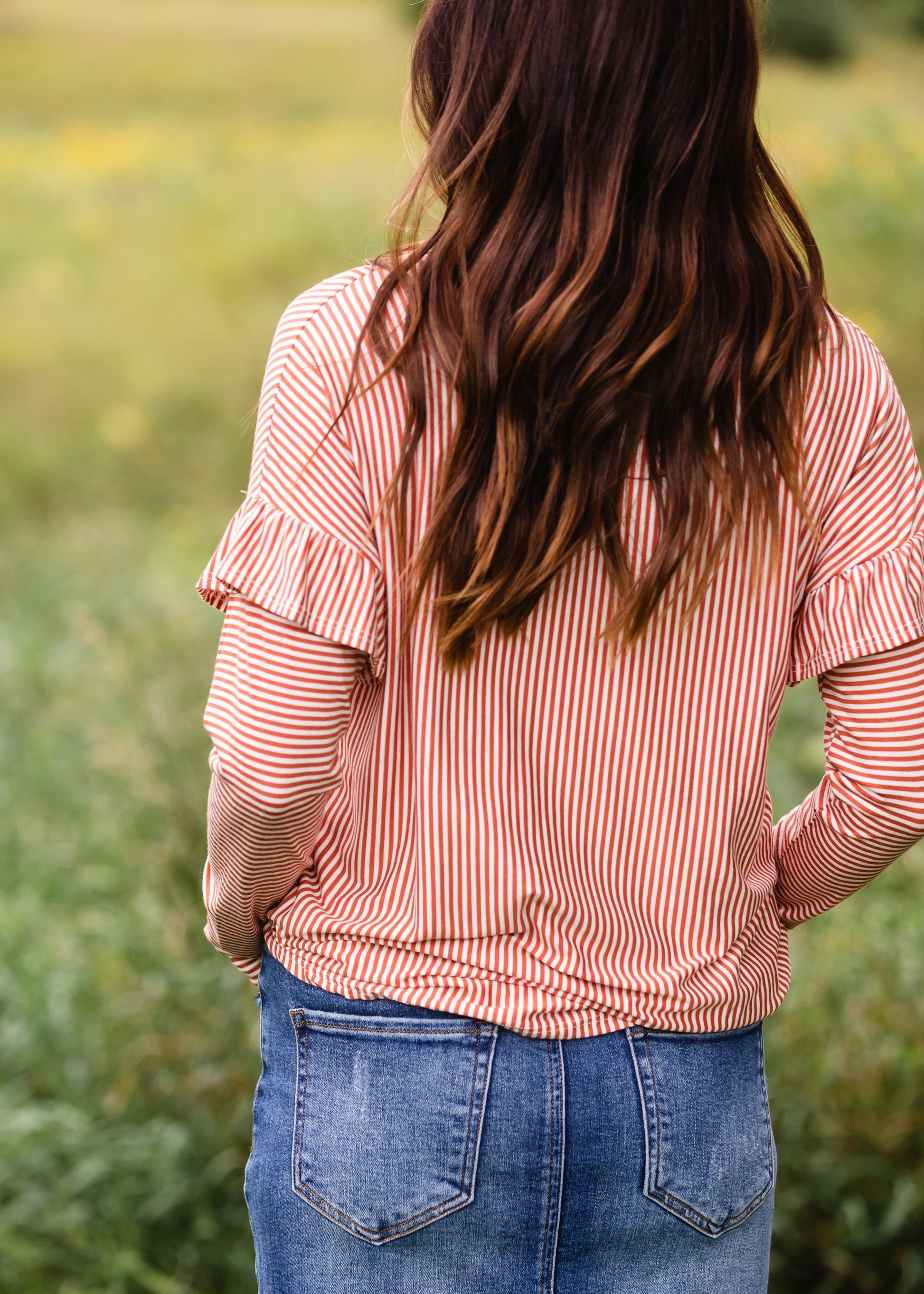 Rust Ruffled Pin Striped Top - FINAL SALE Tops