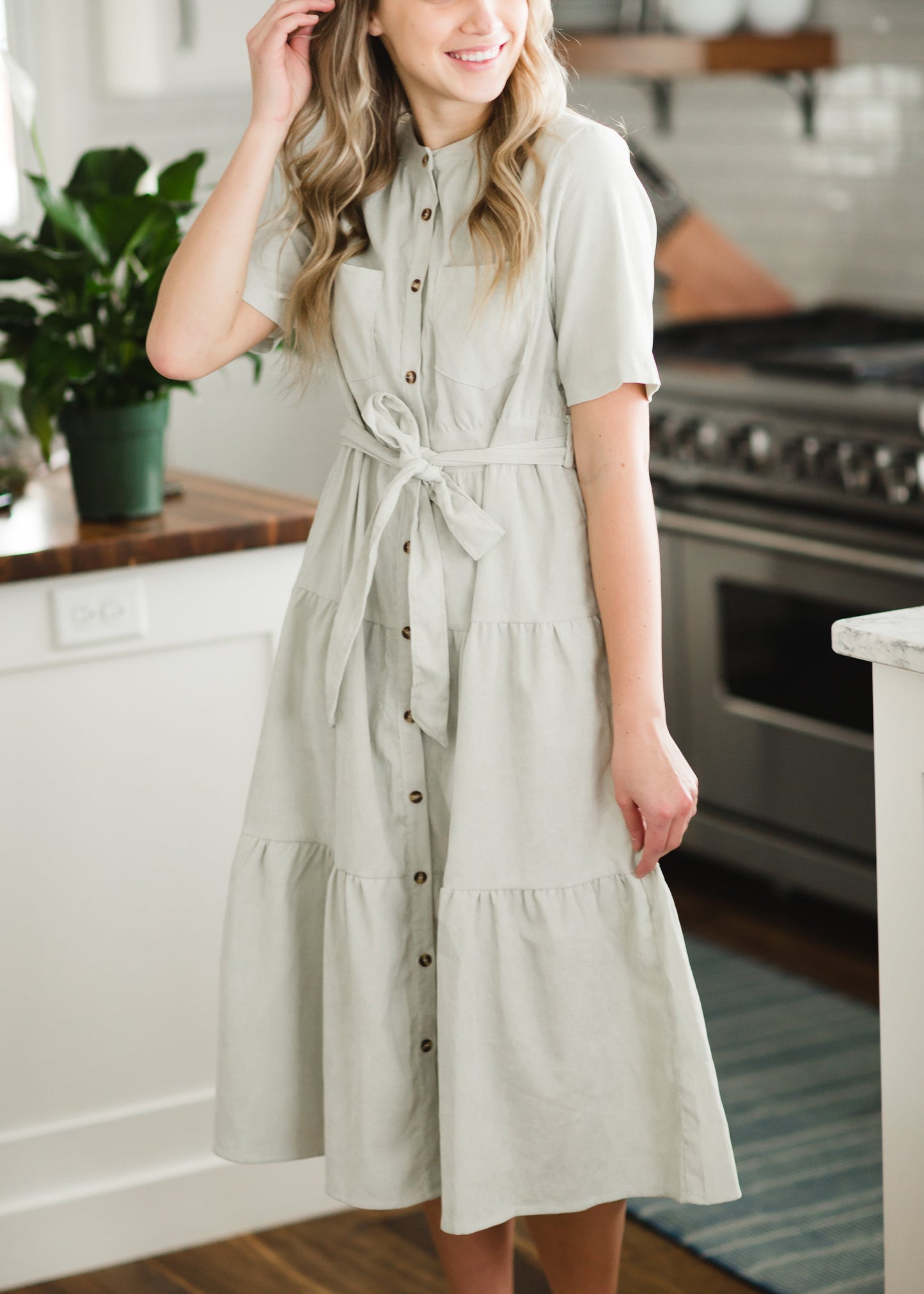 Sage Corduroy Tiered Midi Dress Dresses