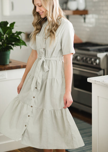 Sage Corduroy Tiered Midi Dress Dresses