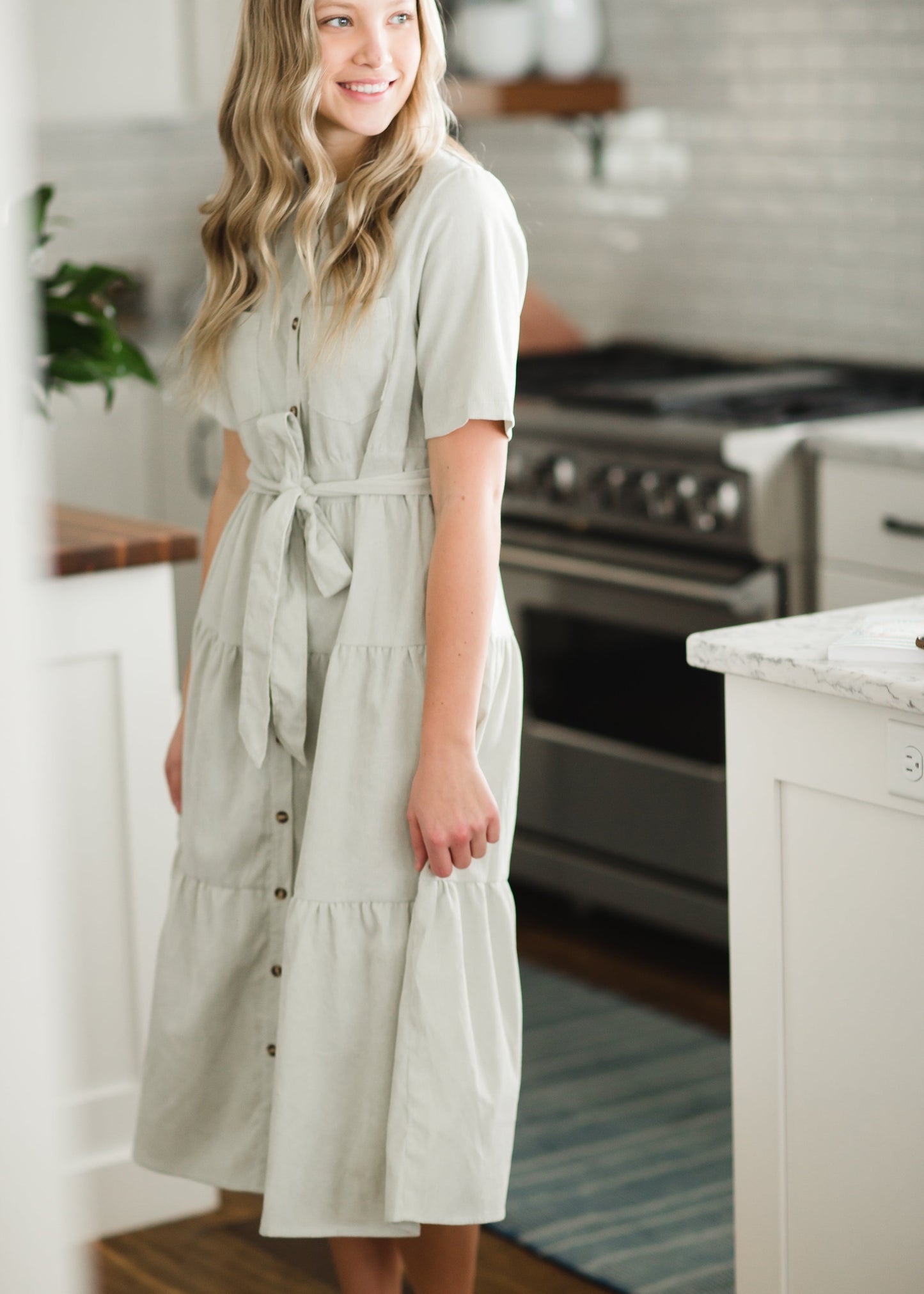 Sage Corduroy Tiered Midi Dress FF Dresses