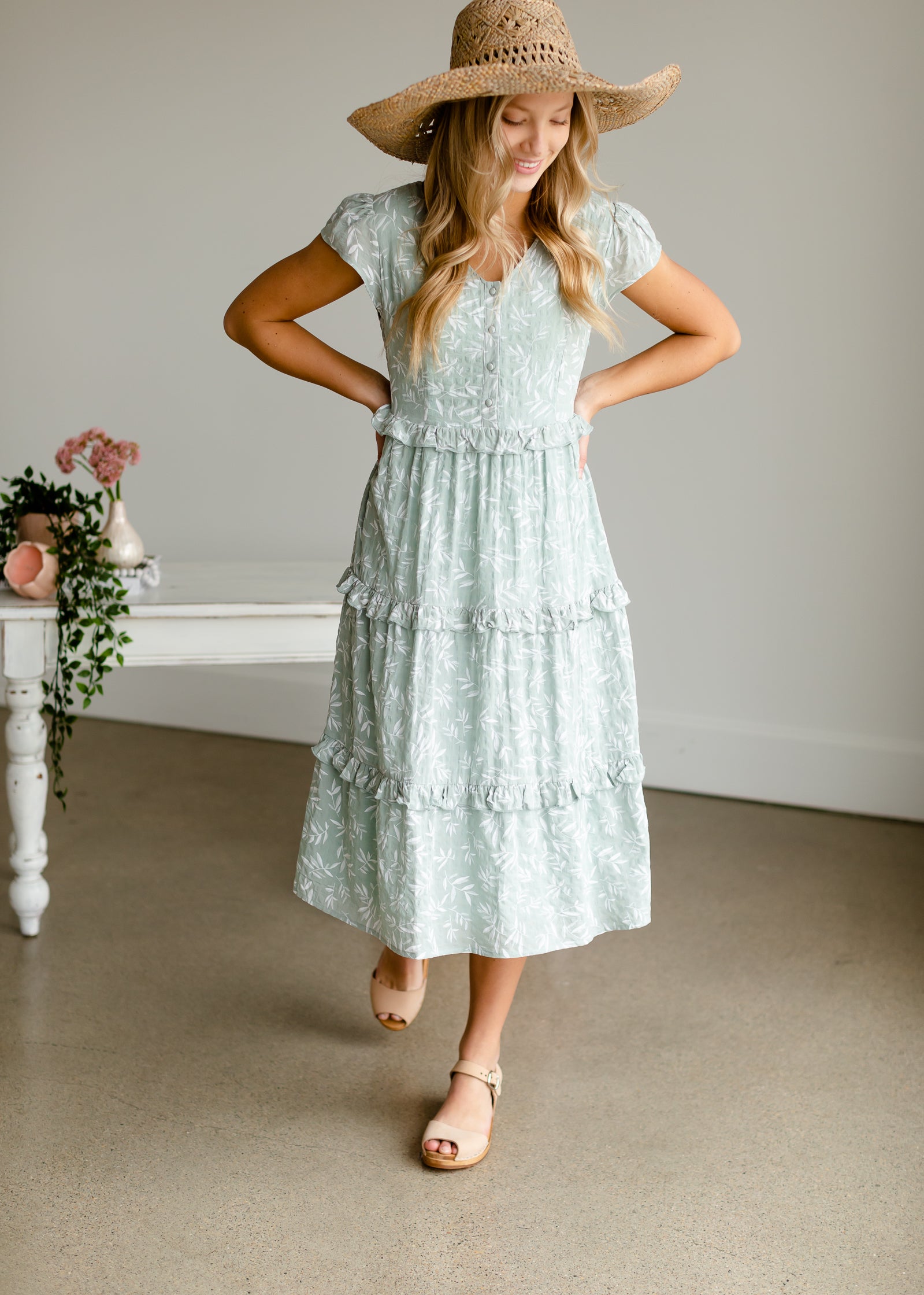 Sage Ruffle Midi Dress Dresses