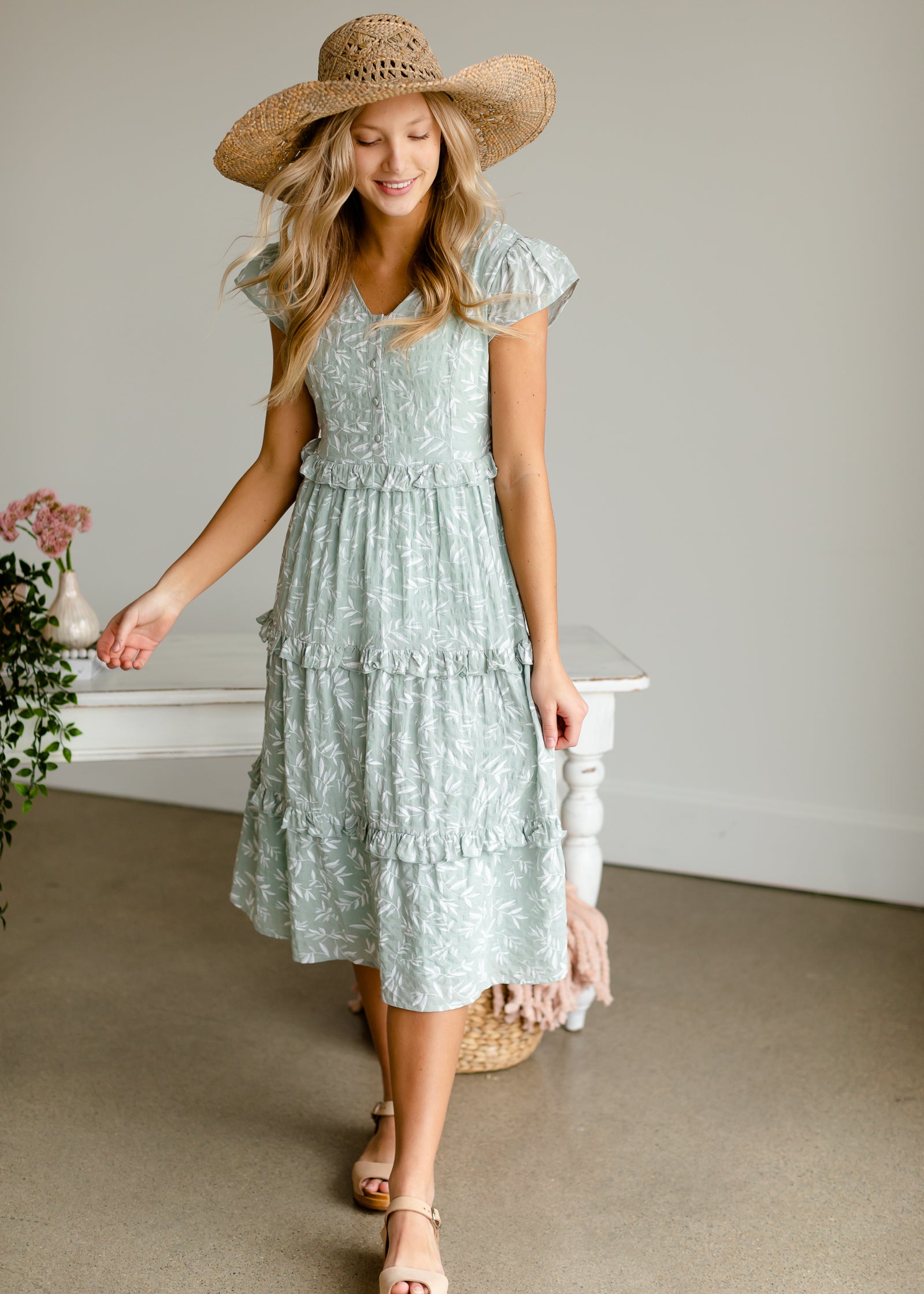 Sage Ruffle Midi Dress Dresses