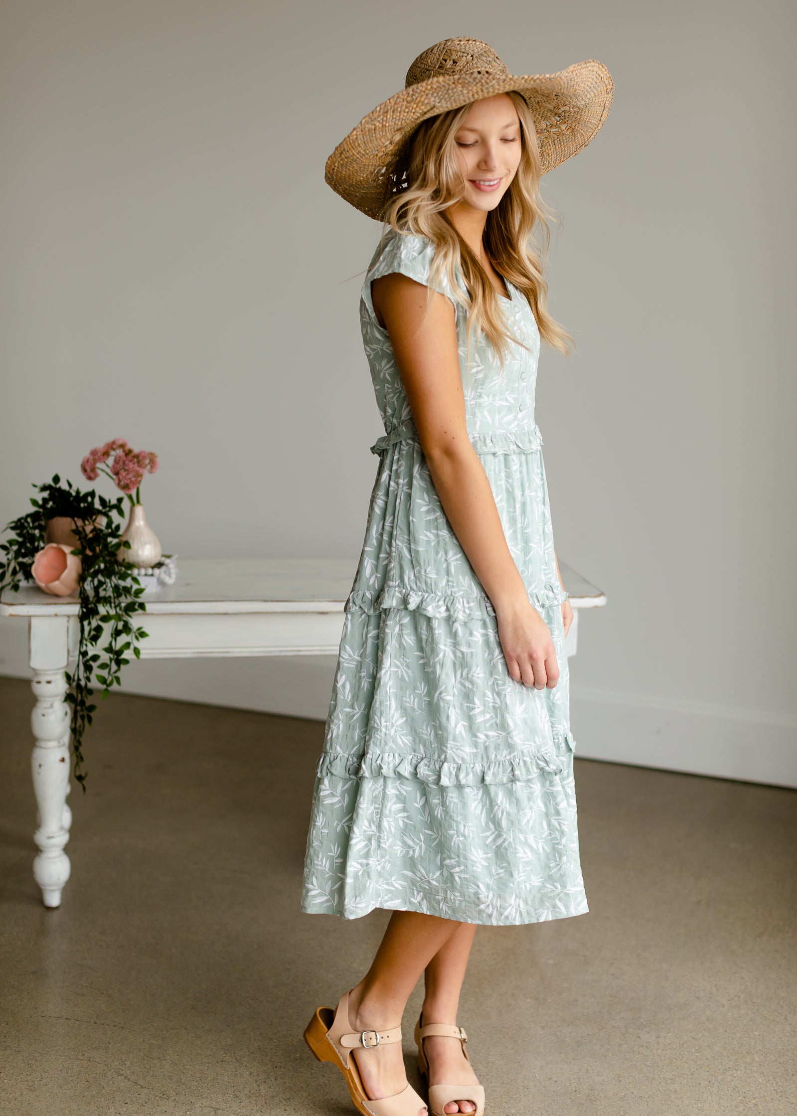 Sage Ruffle Midi Dress Dresses