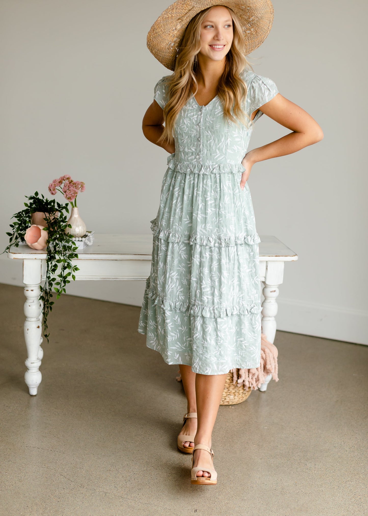 Sage Ruffle Midi Dress Dresses