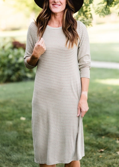 Sage Striped Comfy T-Shirt Midi Dress - FINAL SALE Dresses