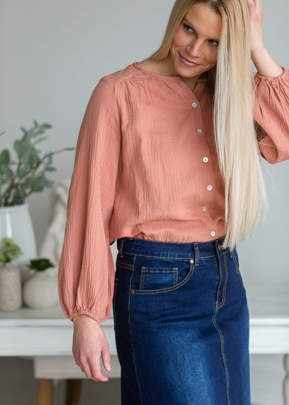 Salmon Cotton Button Up Blouse - FINAL SALE Tops