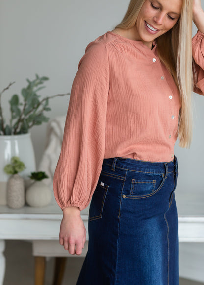 Salmon Cotton Button Up Blouse - FINAL SALE Tops