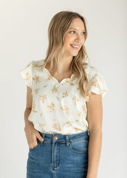 Savannah Floral Scallop Satin Top FF Tops