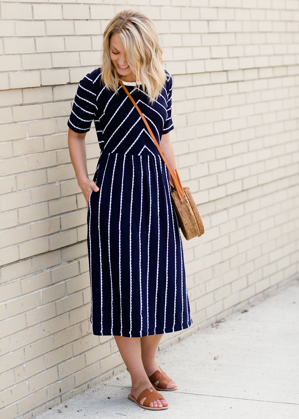 Scalloped Lace Navy Midi Dress Dresses