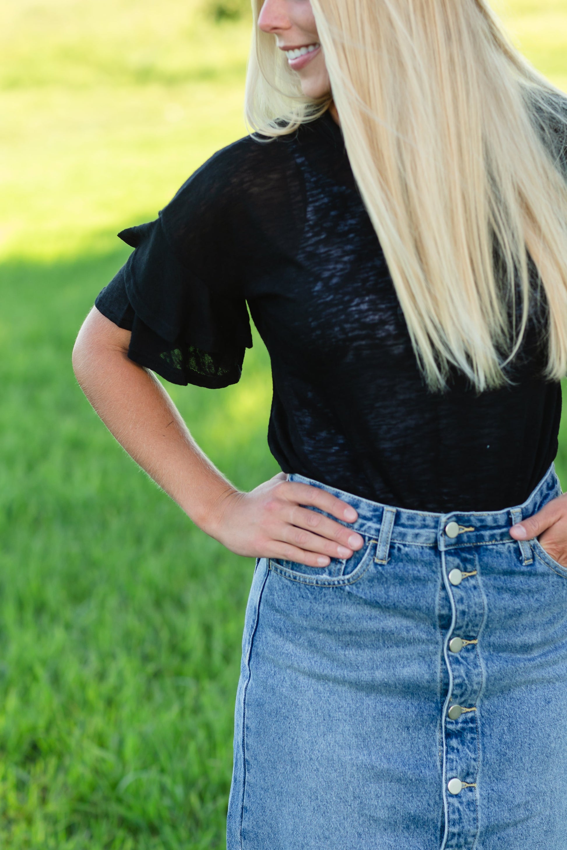 Sheer Knit Ruffle Sleeve Top Tops