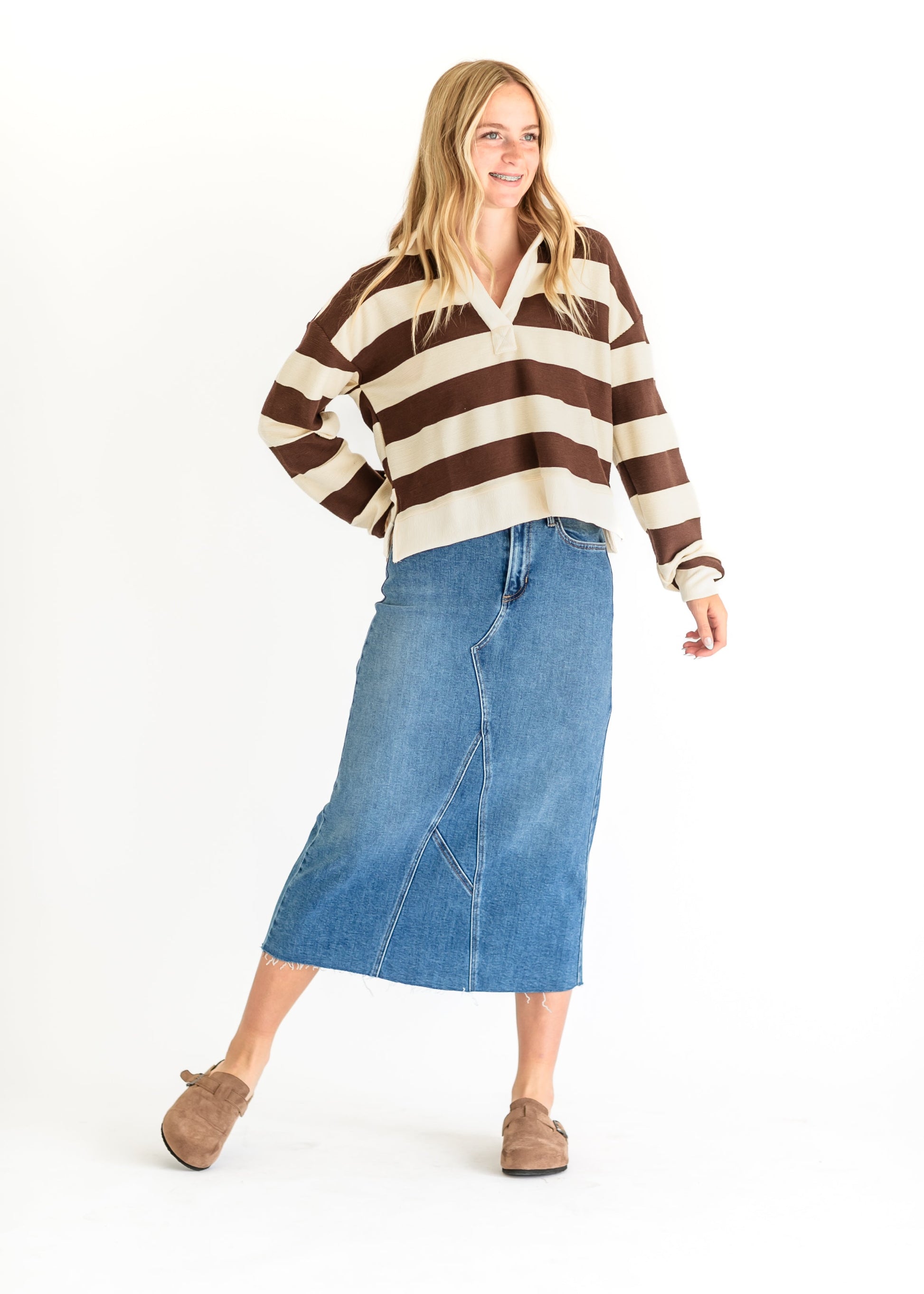 Shelley Wide Stripe Collared Knit Top FF Tops Brown / S