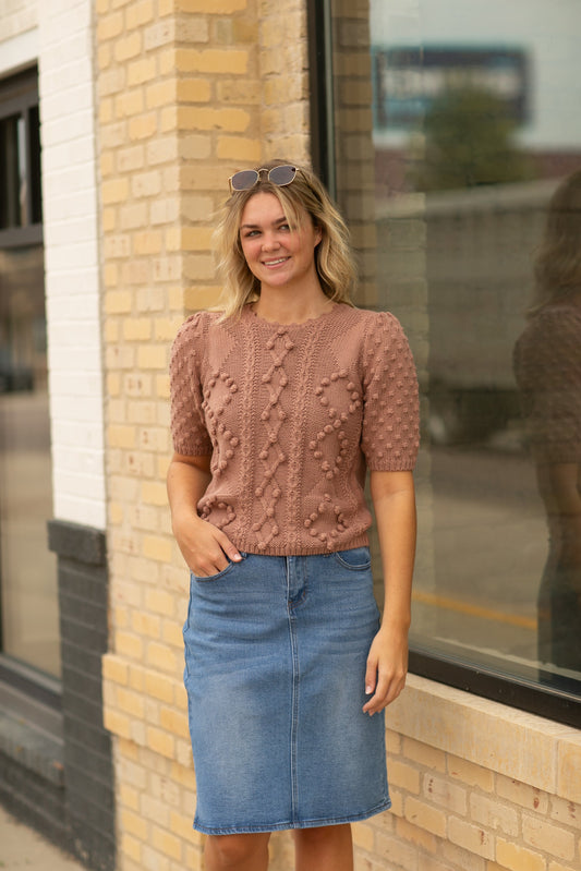 Short Sleeve Bubble Knit Sweater FF Tops Brown / XS