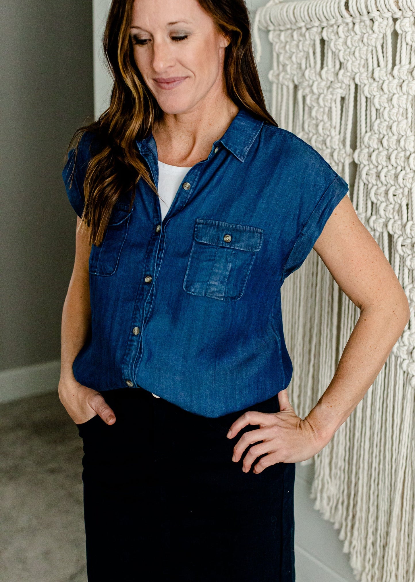 Short Sleeve Chambray Button Up Top Tops