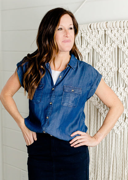 Short Sleeve Chambray Button Up Top Tops