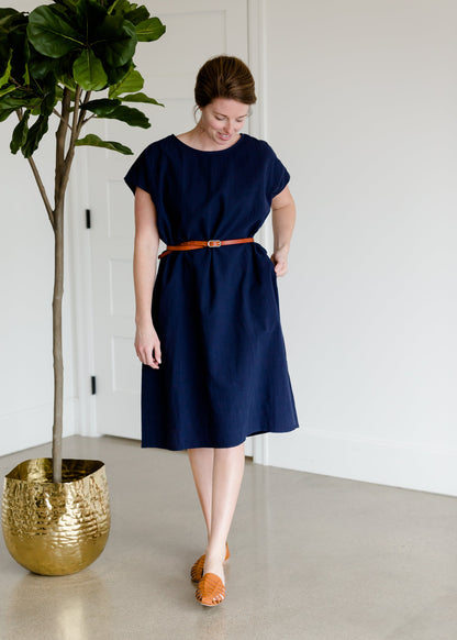 Short Sleeve Navy Cotton Midi Dress - FINAL SALE Dresses