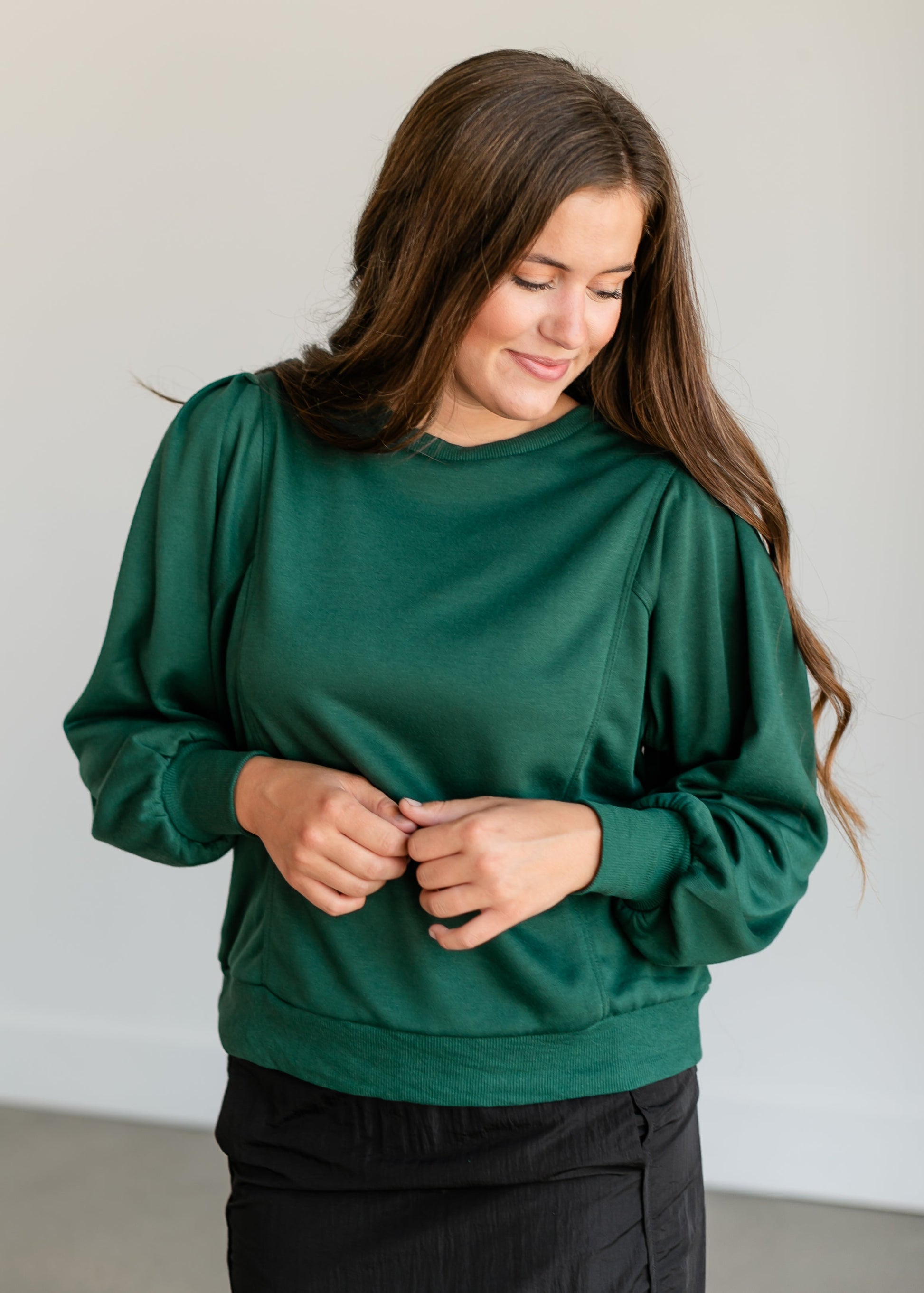 Shoulder Pintuck Crewneck Sweatshirt FF Tops Hunter Green / S