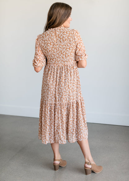 Smocked 3/4 Sleeve Floral Midi Dress FF Dresses