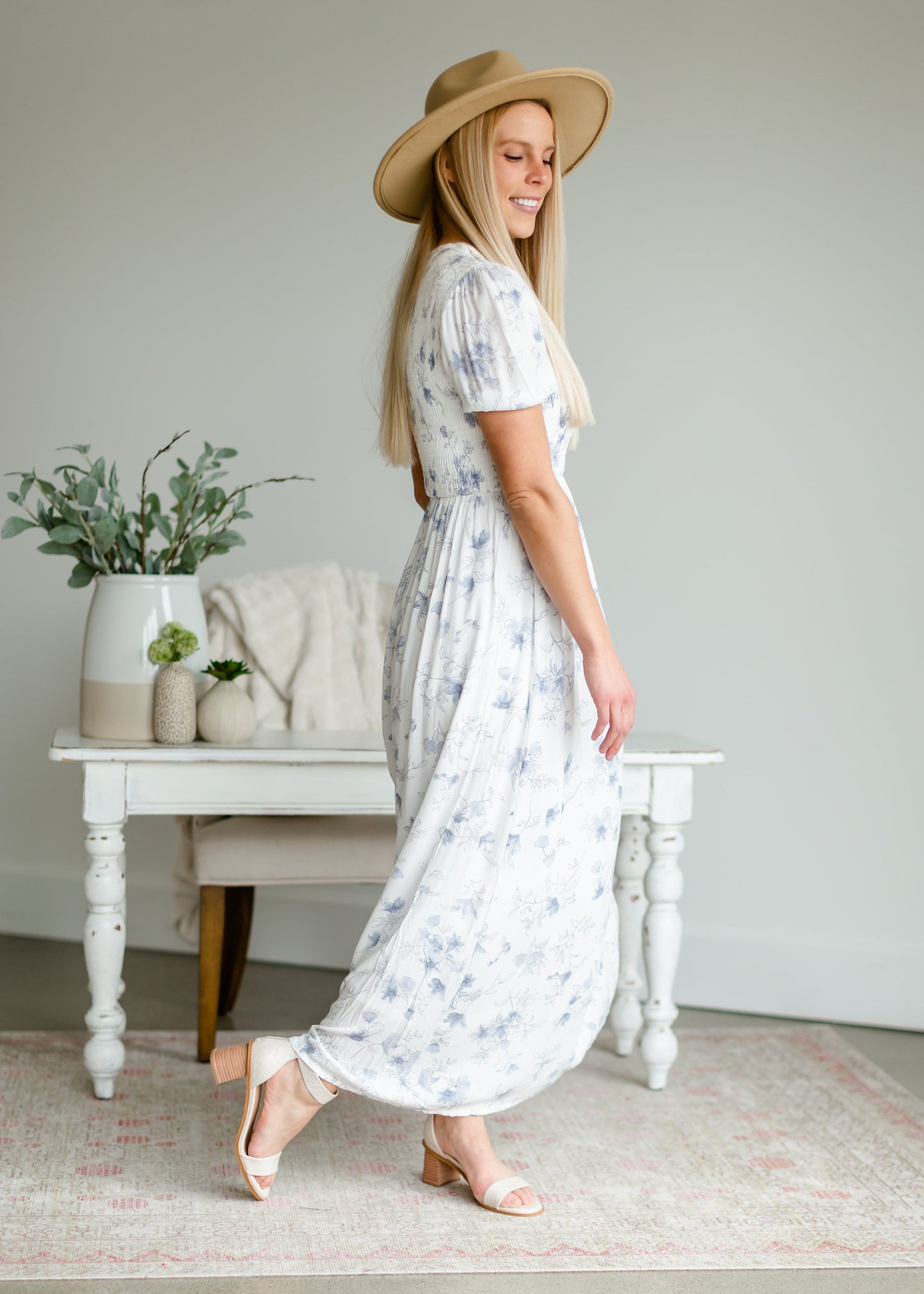 Smocked Blue Floral Maxi Dress Dresses