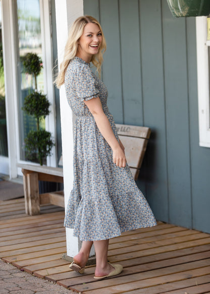 Smocked Bodice Blue Floral Tiered Dress Dresses