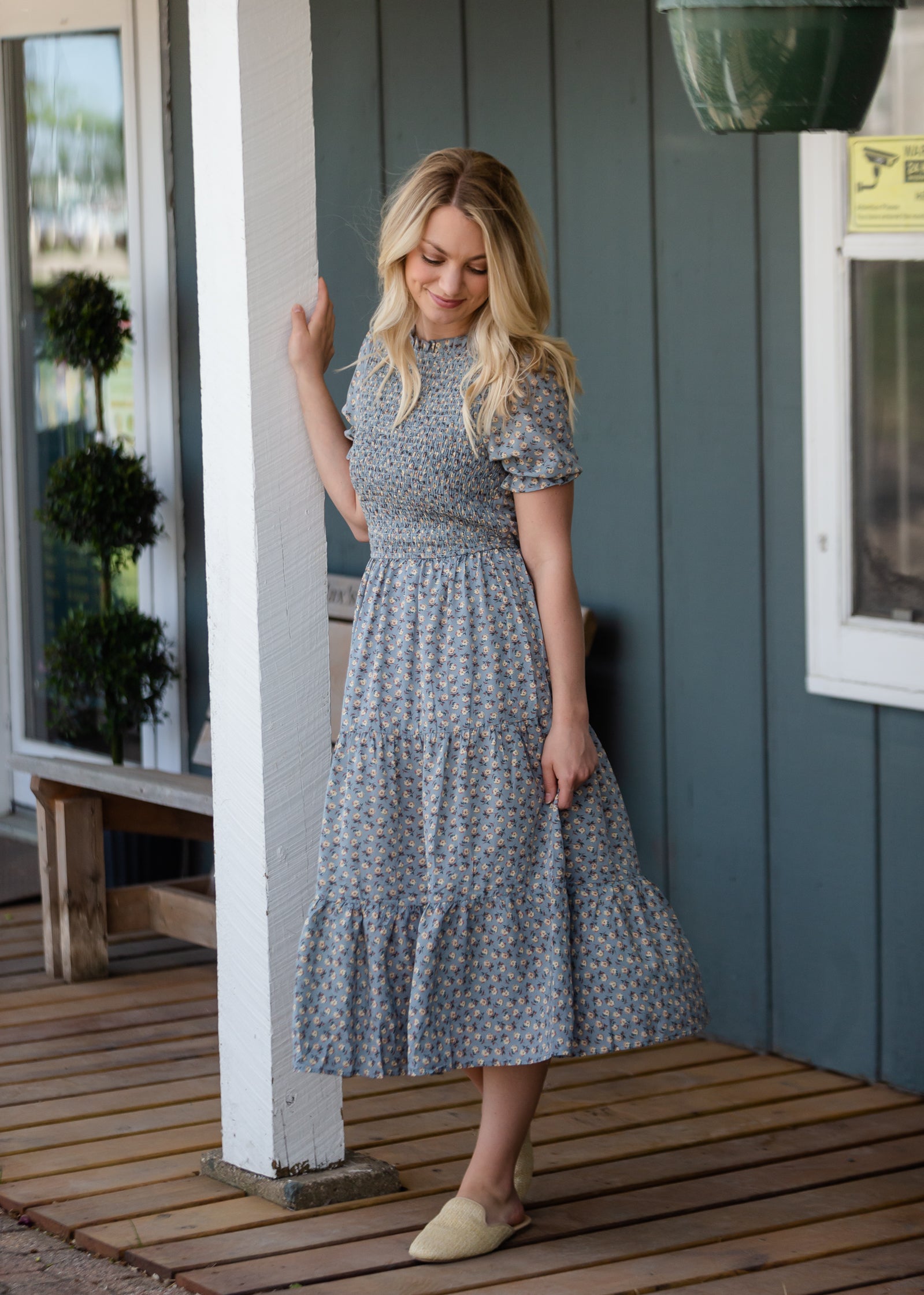 Smocked Bodice Blue Floral Tiered Dress Dresses