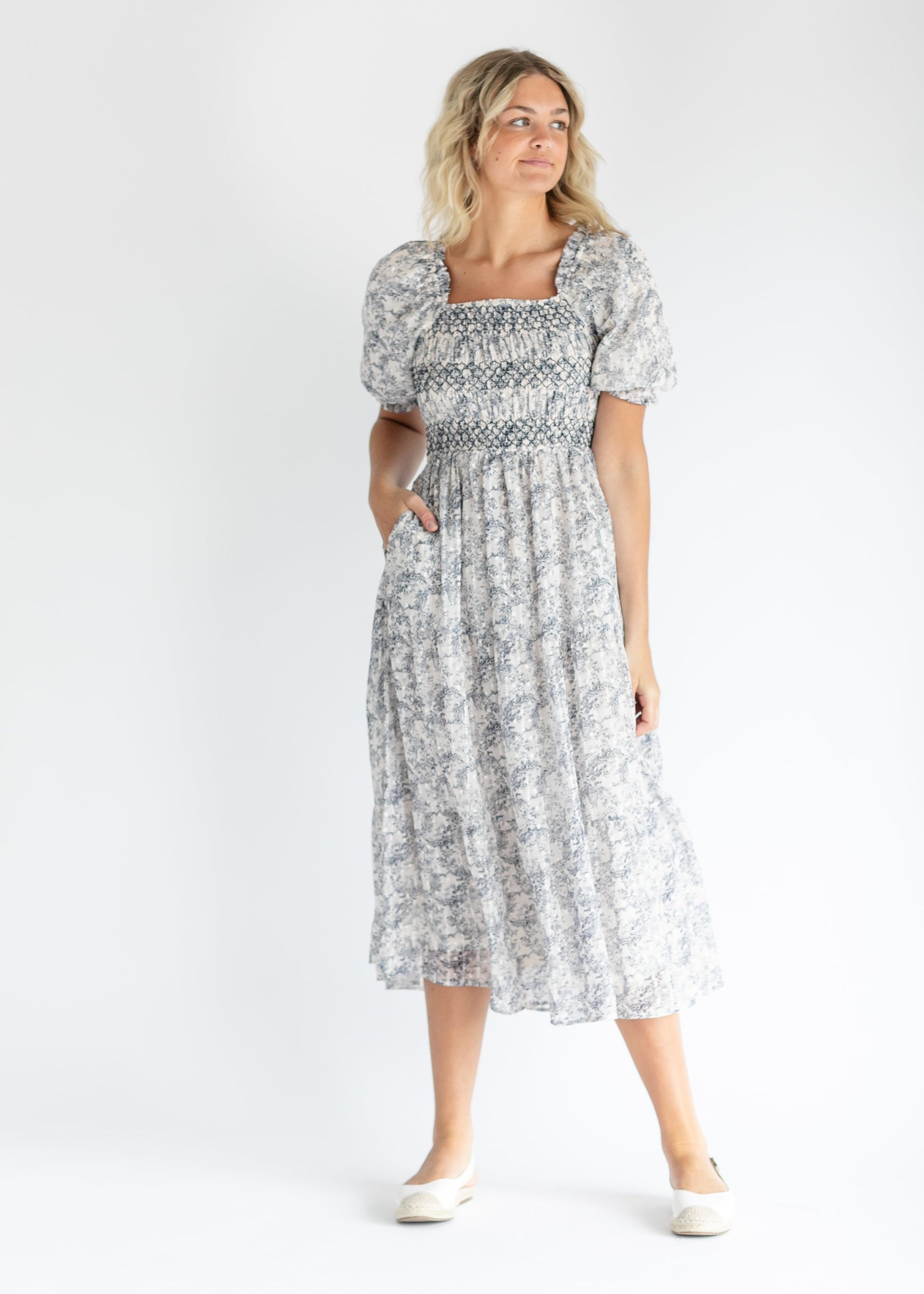 Smocked Floral Swiss Dot Maxi Dress FF Dresses