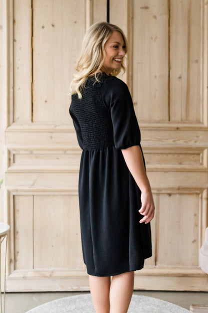 Smocked Front Black Midi Dress - FINAL SALE Dresses