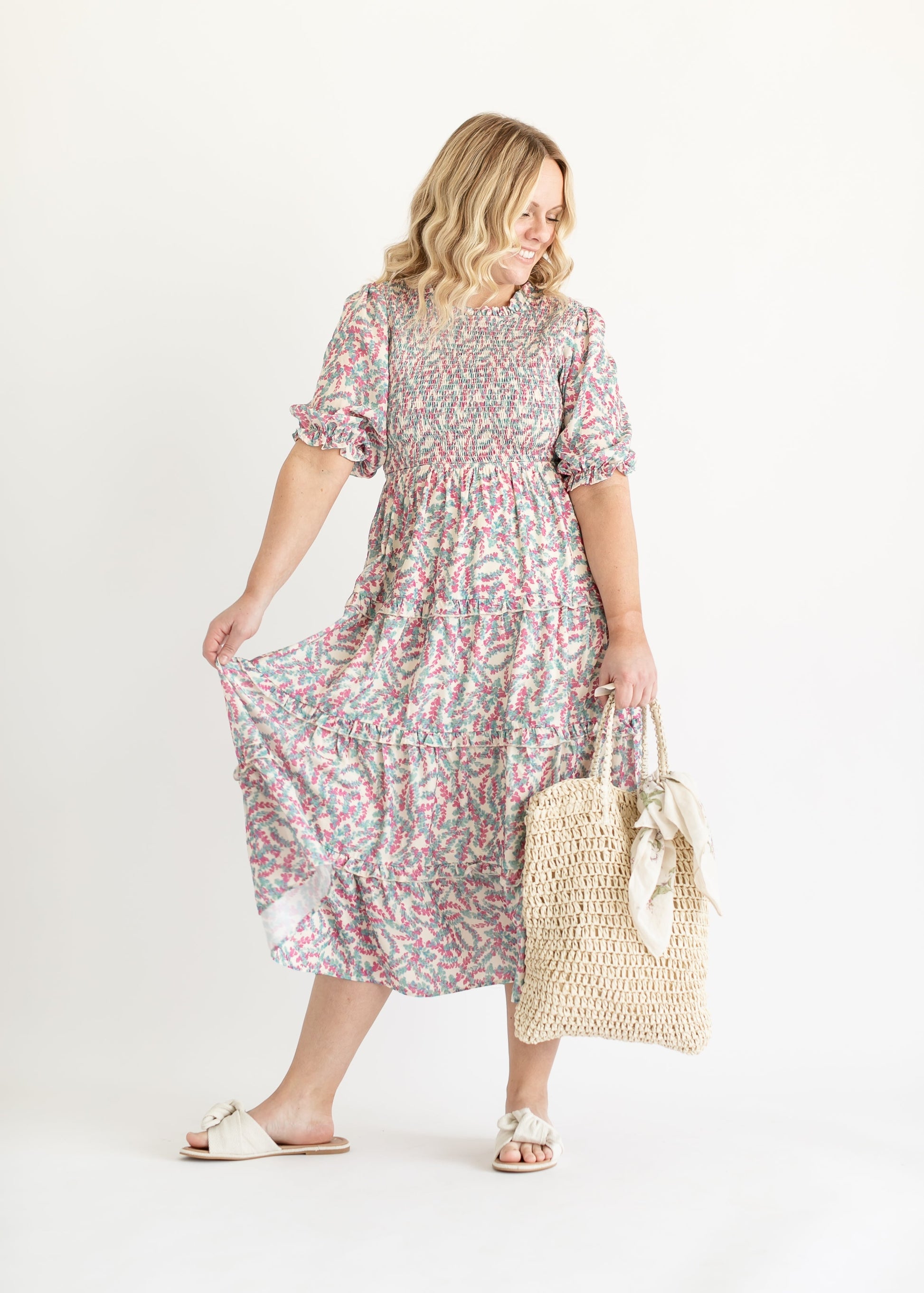 Smocked Half Sleeve Floral Maxi Dress FF Dresses