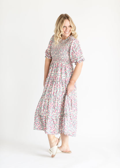 Smocked Half Sleeve Floral Maxi Dress FF Dresses