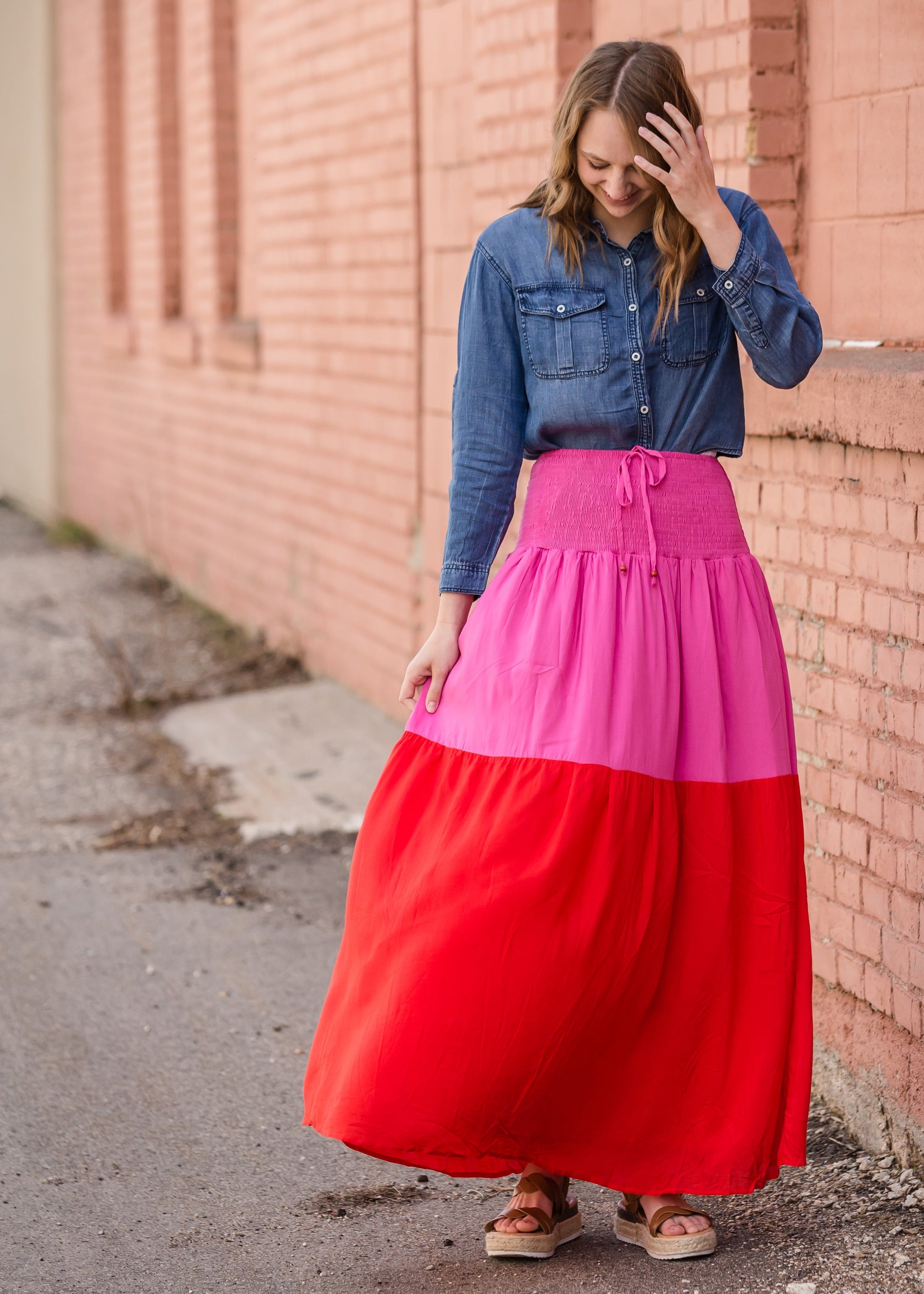 Smocked Red and Pink Color Block Maxi Skirt - FINAL SALE Skirts