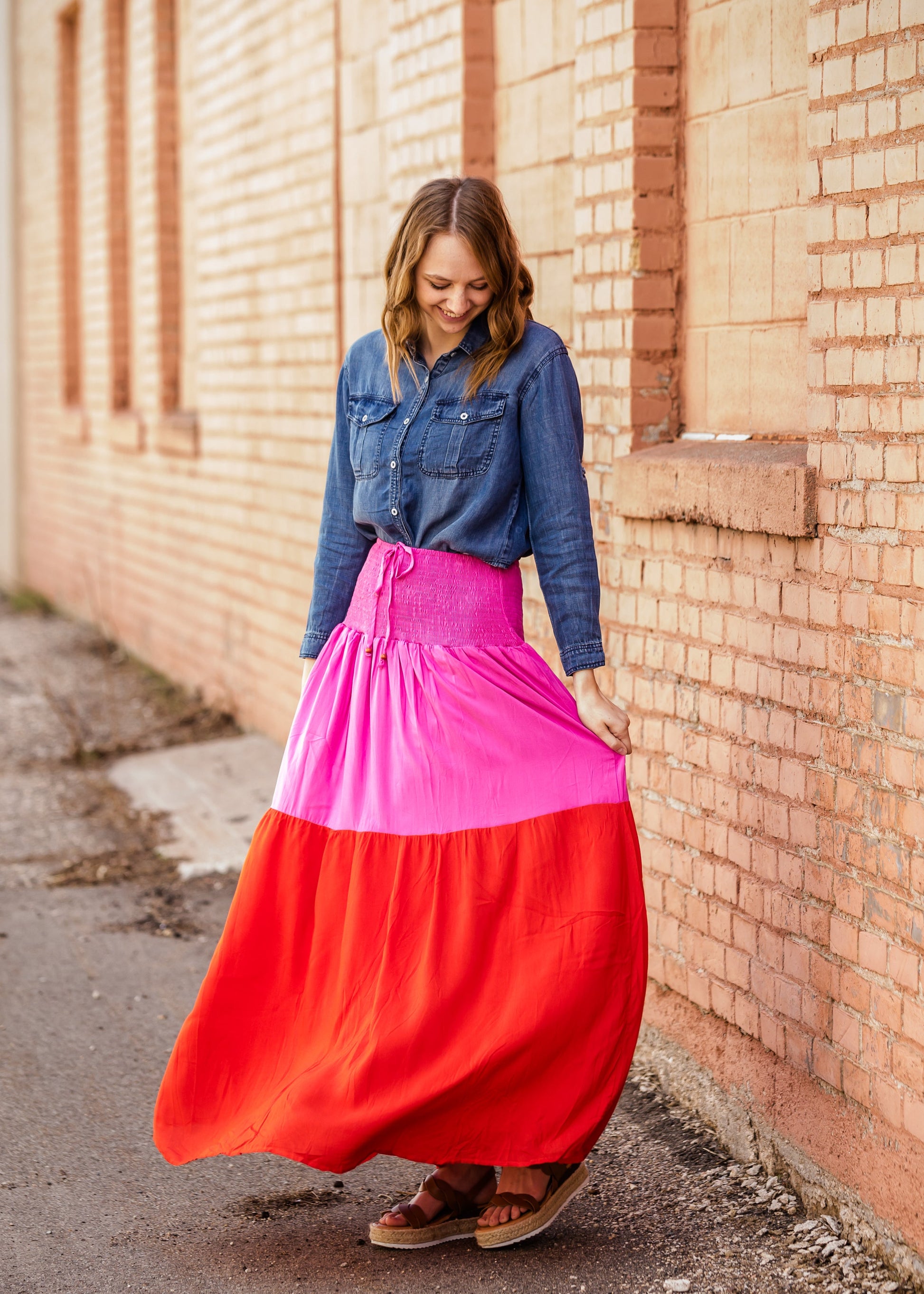 Smocked Red and Pink Color Block Maxi Skirt - FINAL SALE Skirts