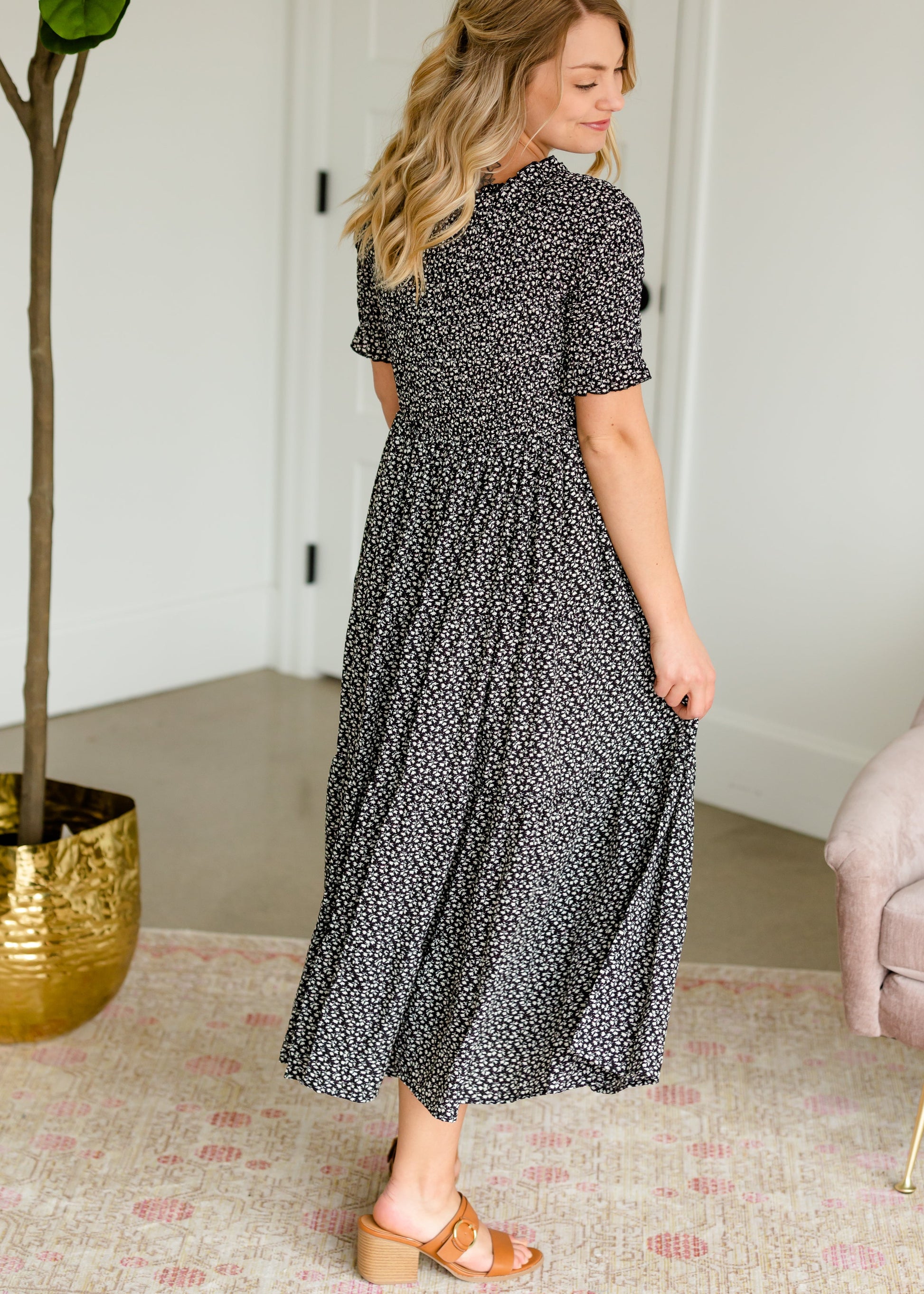 Smocked Tiny Floral Midi Dress Dresses