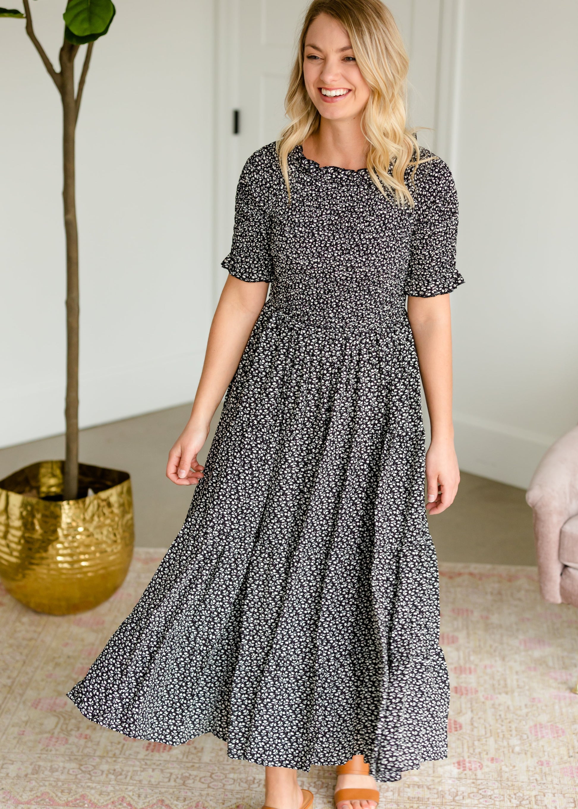 Smocked Tiny Floral Midi Dress Dresses