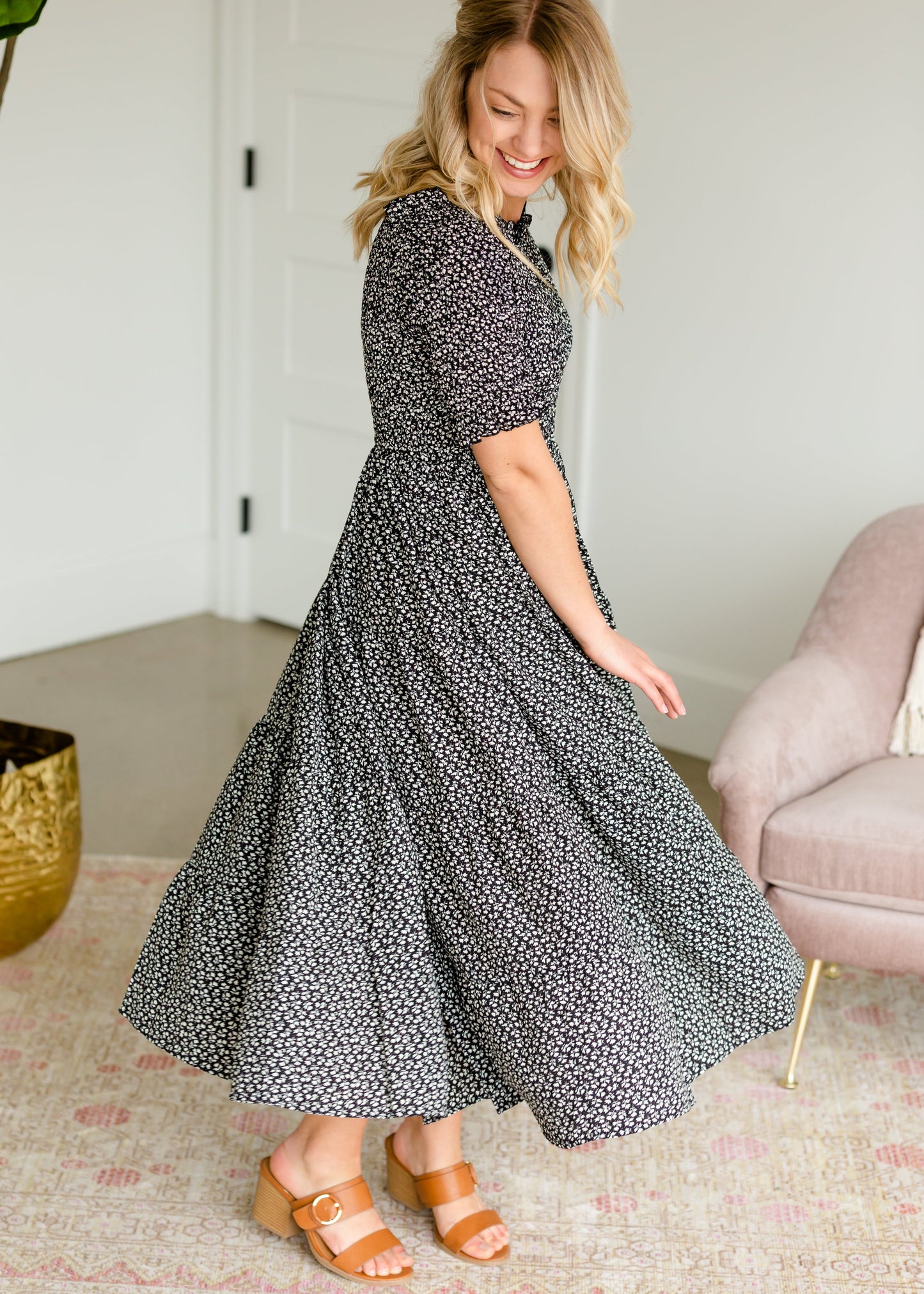 Smocked Tiny Floral Midi Dress Dresses