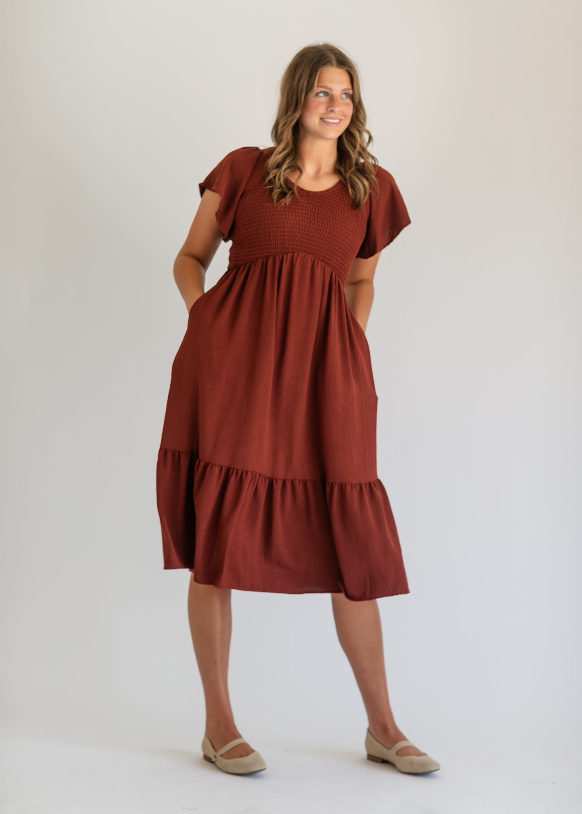 Smocked V-neck Flutter Sleeve Midi Dress FF Dresses