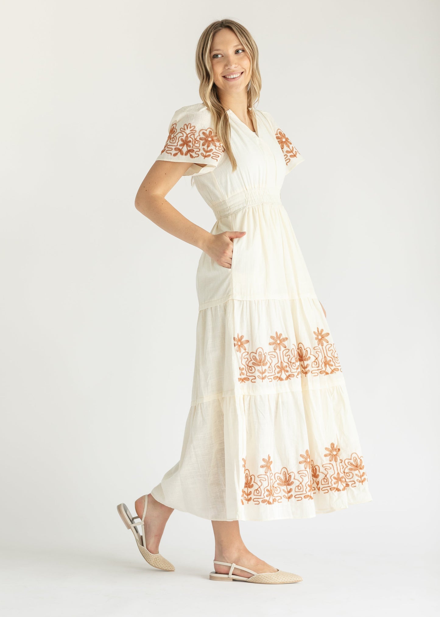 Smocked Waist Embroidered Maxi Dress FF Dresses