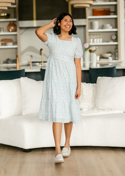 Square Neck Blue Floral Short Sleeve Midi Dress FF Dresses