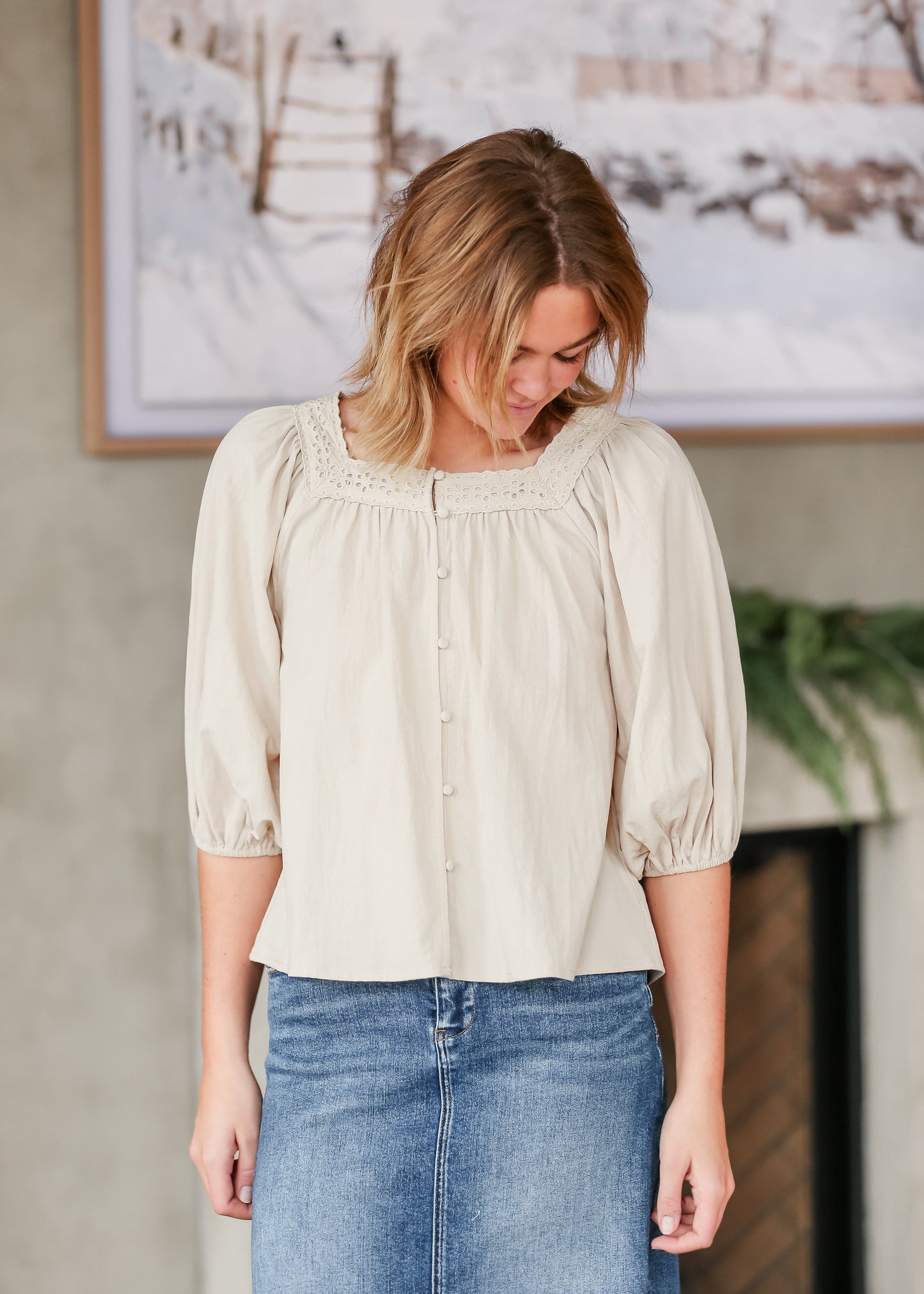 Square Neck Eyelet Lace Trimmed Top FF Tops