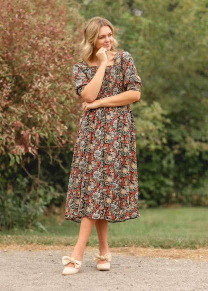 Square Neck Smocked Floral Midi Dress FF Dresses