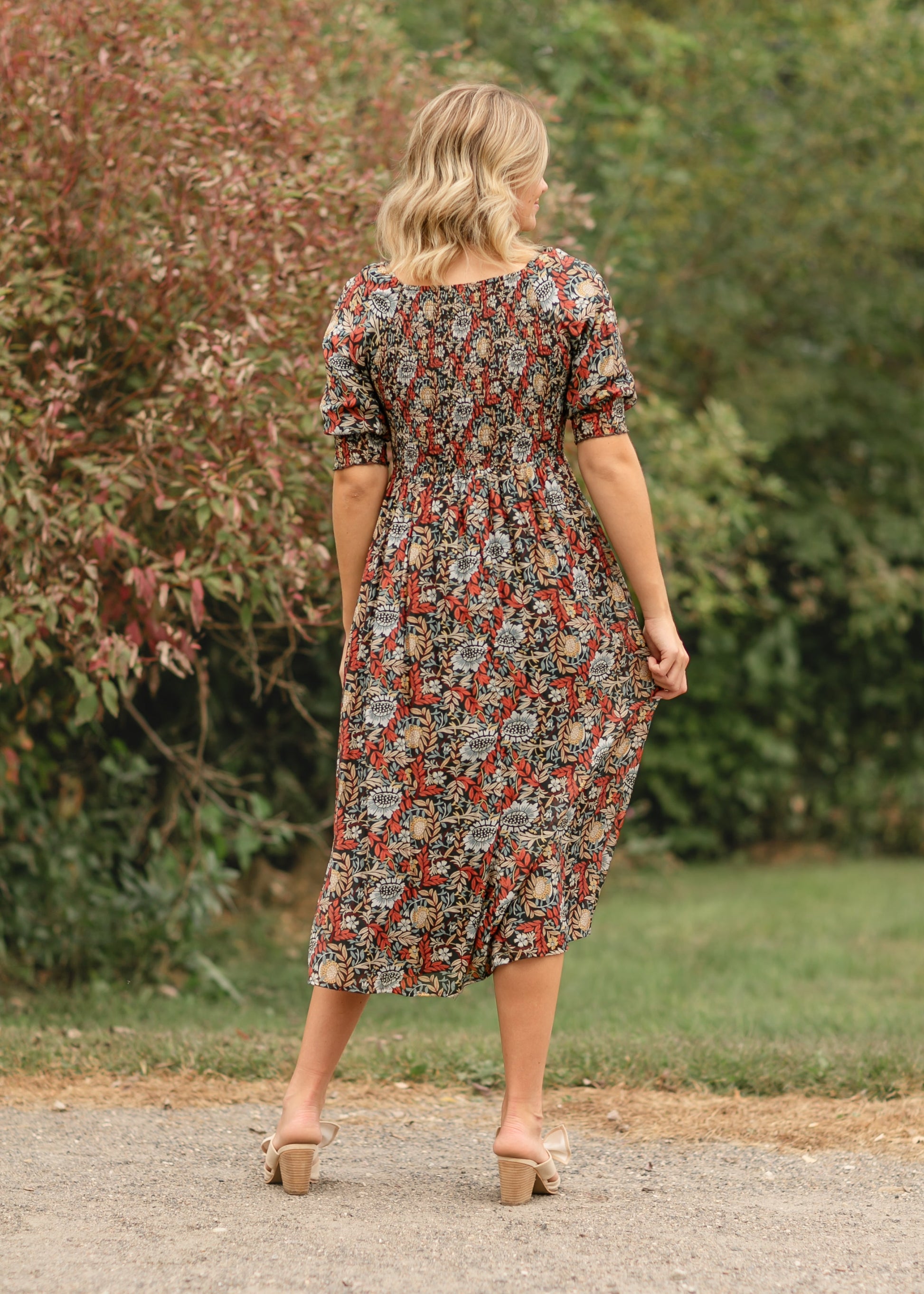 Square Neck Smocked Floral Midi Dress FF Dresses